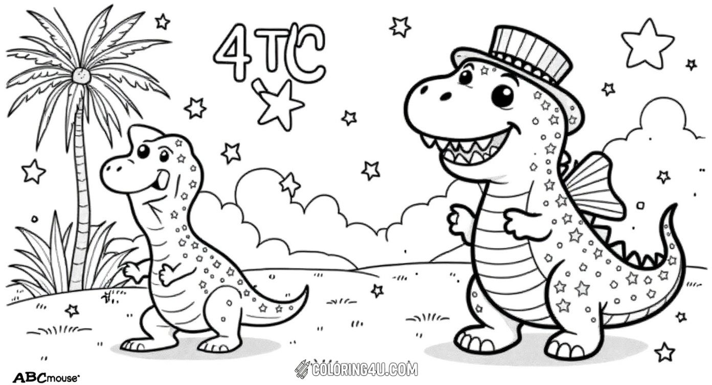 Get ready to celebrate with a cute dinosaur wearing a patriotic hat and covered in stars! This fun 4th of July coloring page from ABCmouse invites children to add their colorful creativity to this happy dinosaur, perfect for a festive holiday activity.