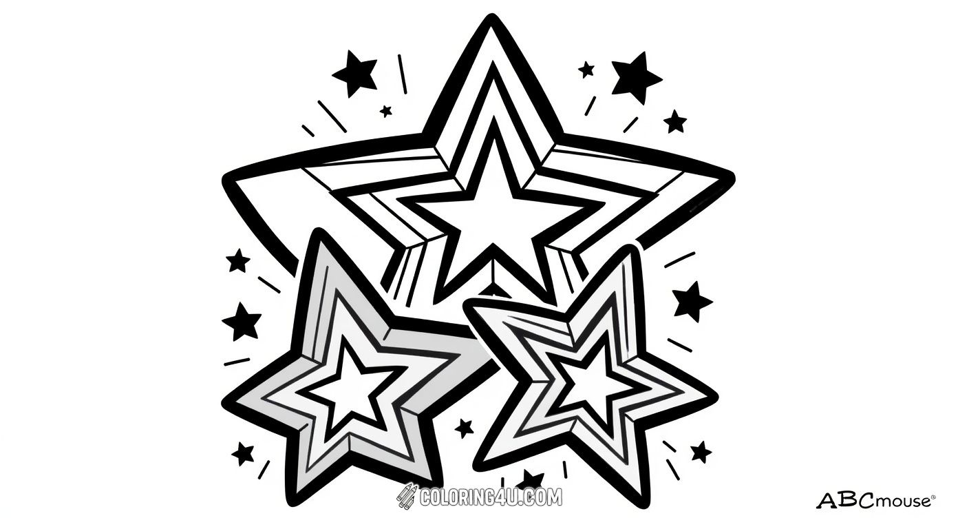 This lively coloring page from ABCmouse showcases three big stars decorated with smaller stars and bursts, perfect for celebrating the 4th of July. Kids will love coloring the bold star shapes and cheerful celebratory design, making it a festive way to express patriotic spirit.
