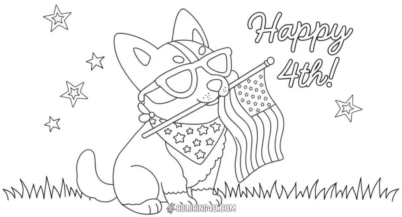 Celebrate the 4th of July with this cute dog wearing cool sunglasses and a star-covered bandana! The dog holds an American flag in its mouth, surrounded by stars and a greeting that says 'Happy 4th!'. It's an inviting and playful page for kids to color while getting into the festive spirit.