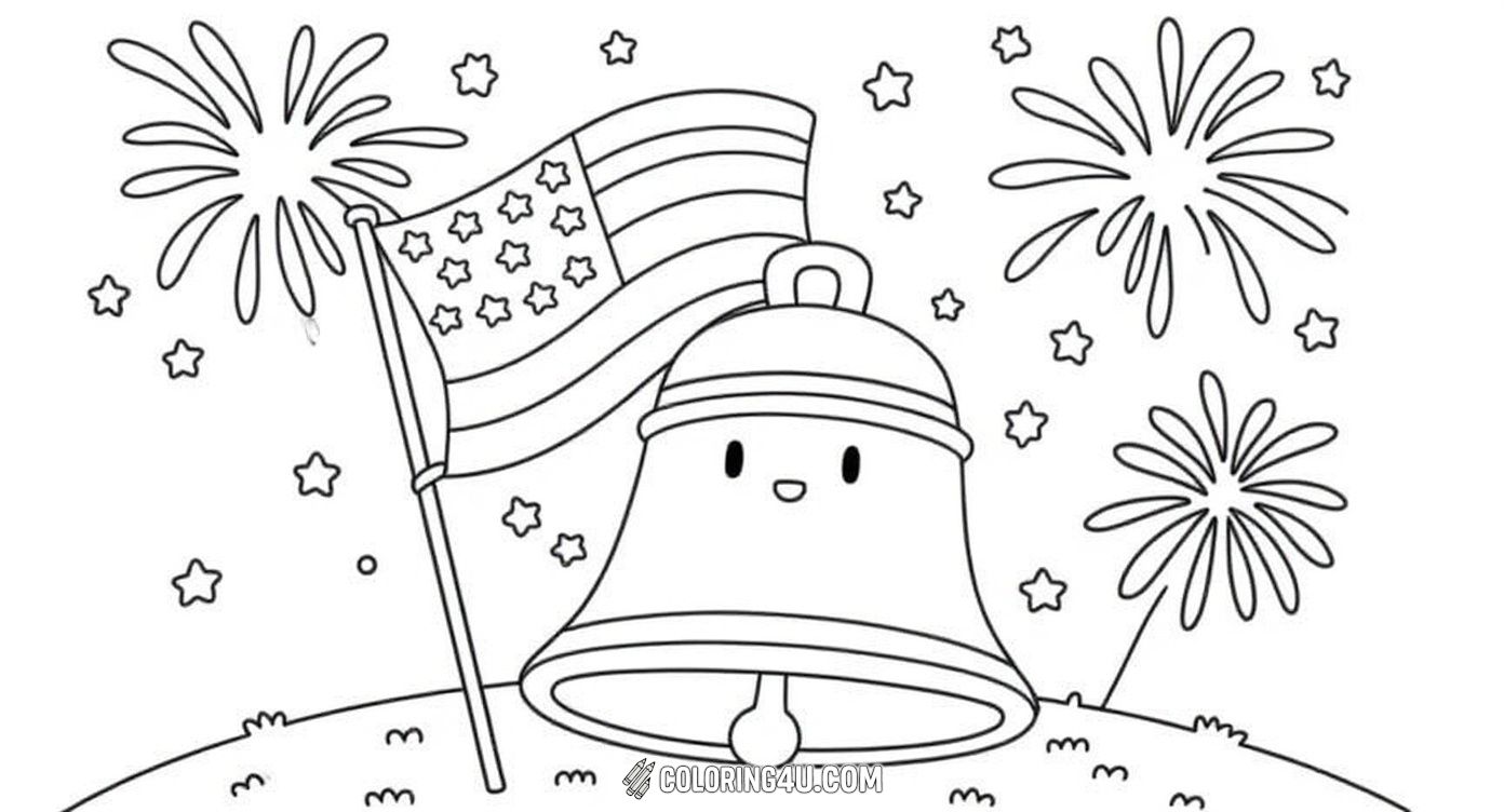 This fun and adorable coloring page features a cute cartoon Liberty Bell holding a waving American flag with sparkling fireworks in the background. Kids can enjoy coloring the historic symbol of freedom and celebrate the 4th of July festivities with vibrant colors and cheerful stars.