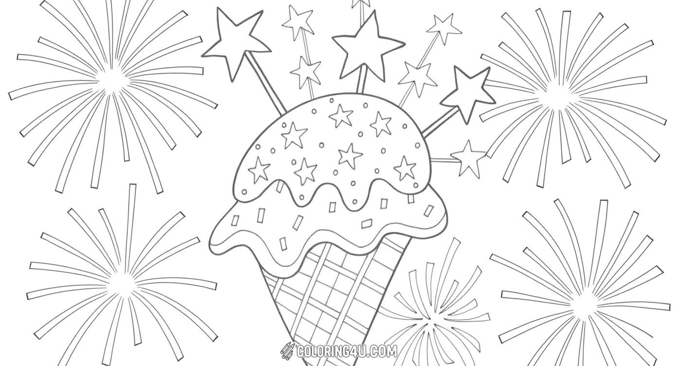 This delightful coloring page features a festive ice cream cone decorated with stars and topped with sprinkles, surrounded by sparkling fireworks and the cheerful words 'Happy 4th July.' Kids will love adding bright reds, whites, and blues to this sweet independence day scene!