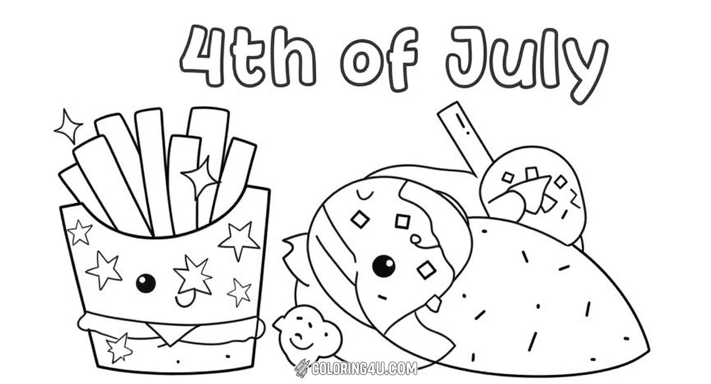 Get ready to color some happy 4th of July snacks! This delightful page shows a smiling hamburger with a flag, crispy fries, a cheerful hot dog, and a refreshing drink with flower-shaped glasses. Perfect for kids to add vibrant colors and celebrate the holiday with their tasty friends!