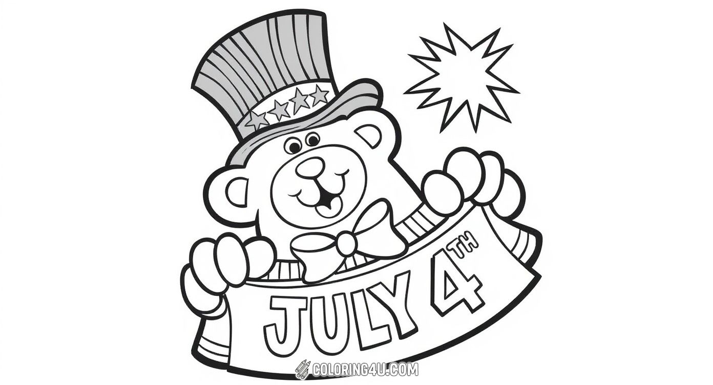 This fun coloring page features a cheerful bear wearing a tall, striped patriotic hat adorned with stars. The bear is holding a banner that proudly says 'July 4th', perfect for celebrating Independence Day. Kids will love bringing this adorable and festive bear to life with their favorite colors.
