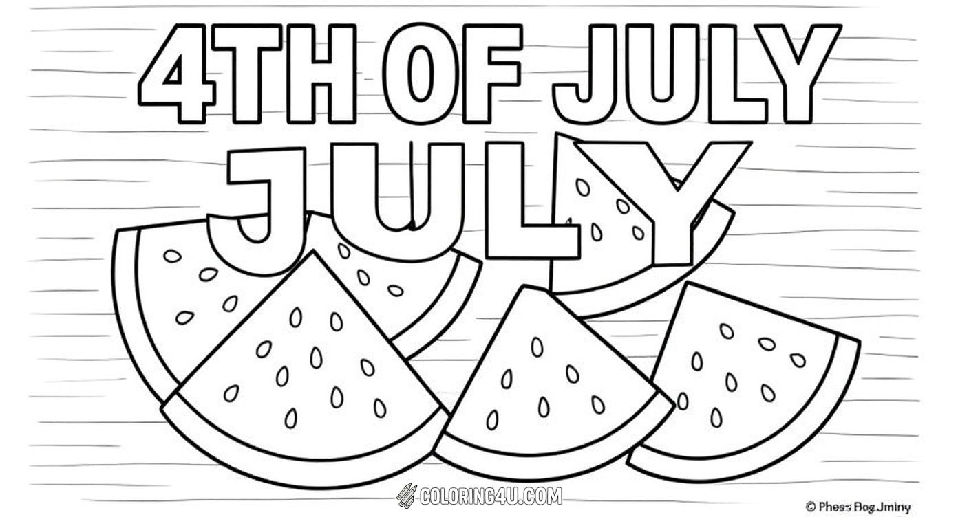 Enjoy coloring these juicy watermelon slices with the big word JULY above them, perfect for a refreshing summer theme. This coloring page invites kids to bring bright reds and greens to life for a tasty and fun 4th of July celebration!