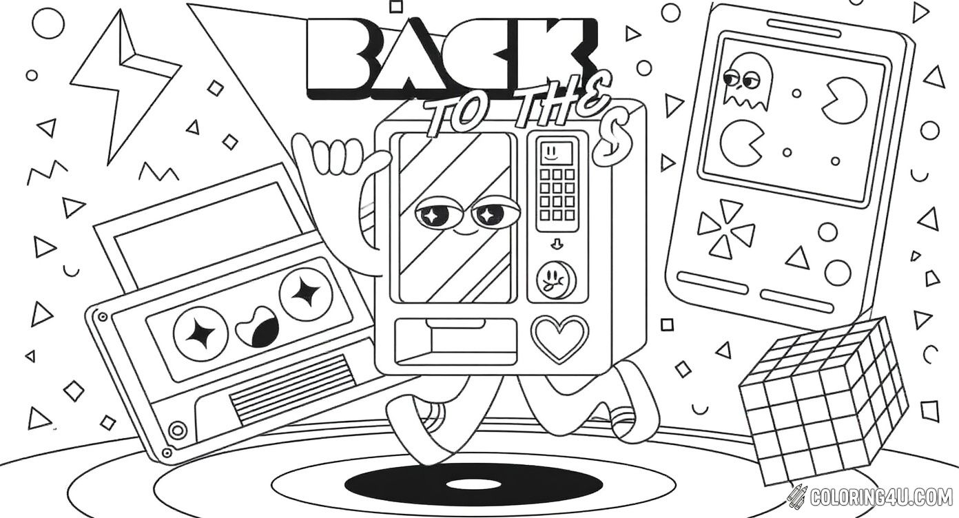 Step back in time with this lively coloring page filled with beloved 80s icons! Featuring an anthropomorphic vending machine and cassette tape dancing on a record player, plus images of a Rubik's cube and early video game graphics, it's a perfect design for kids to explore the fun technology and style of the 80s.