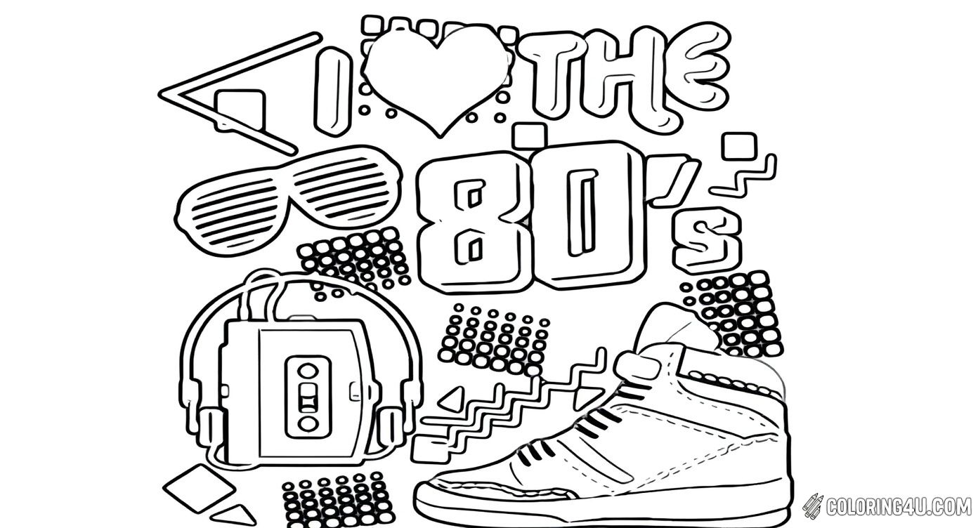 Celebrate the vibrant 80s with this exciting coloring page! It features funky items like shutter shades, a cassette player with headphones, and a classic high-top sneaker, all around the phrase 'I Love the 80's'. Kids will love adding bright colors to this blast from the past.