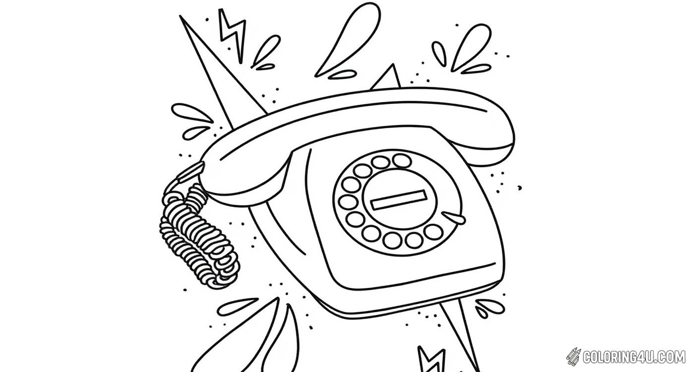 Dive into the fun of the past with this cool coloring page featuring a classic rotary-dial telephone! Kids can enjoy coloring the vintage phone surrounded by playful splash and lightning details, bringing a little 80s nostalgia to life.