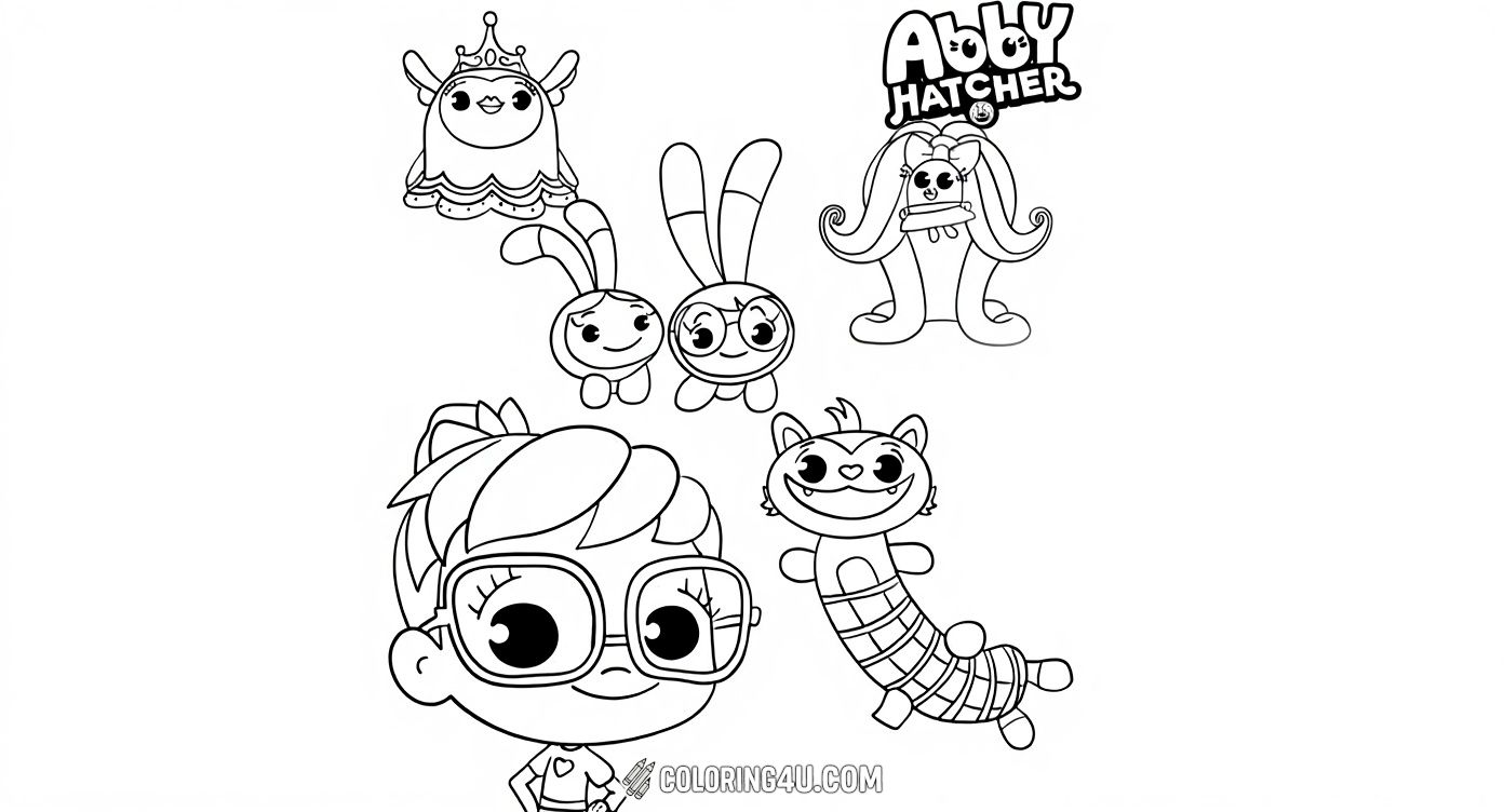 This fun coloring page features Abby Hatcher along with her adorable Fuzzly friends from the Abby Hatcher series. Kids will love bringing to life Abby’s smart glasses and the charming expressions of her fuzzy companions in this delightful group portrait.