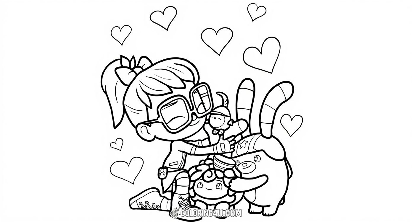 In this heartwarming coloring page, Abby Hatcher is surrounded by her lovable Fuzzlies with hearts floating all around. Children can color this joyful scene where Abby shows love and care for her fuzzy friends, capturing the spirit of friendship and happiness.
