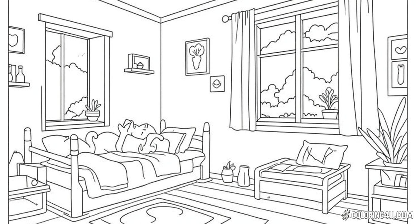 Step into a cozy bedroom filled with soft pillows and a warm blanket, where two playful cats enjoy a peaceful moment—one gazing out the window and the other stretching on the bed. Shelves full of books, plants, and little decorations make this room a perfect place to color and dream!
