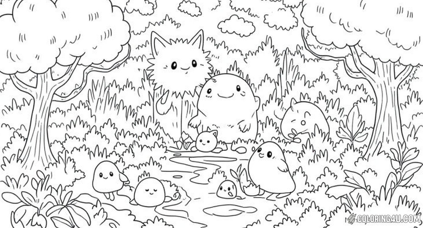 Dive into a magical forest scene full of adorable, friendly fantasy creatures hanging out by a sparkling pond. From happy blobs to curious little animals peeking from behind trees and mushrooms, this playful nature scene invites you to add vibrant colors and bring this enchanted world to life!