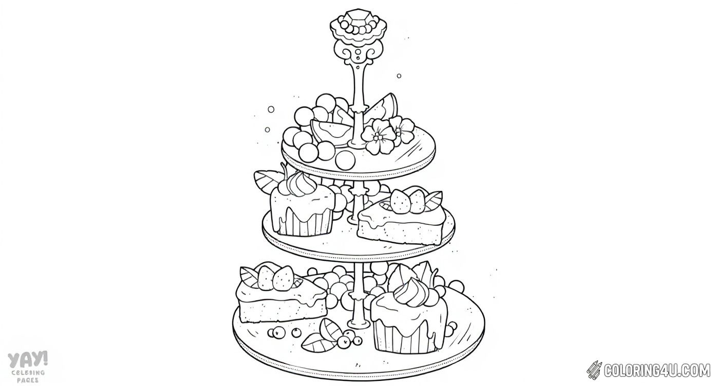 Enjoy coloring a delightful three-tiered dessert platter filled with delicious cakes, cupcakes, berries, and decorative flowers. Each sweet treat looks ready to be savored, inviting you to use bright and cheerful colors to make this tasty assortment even more tempting!