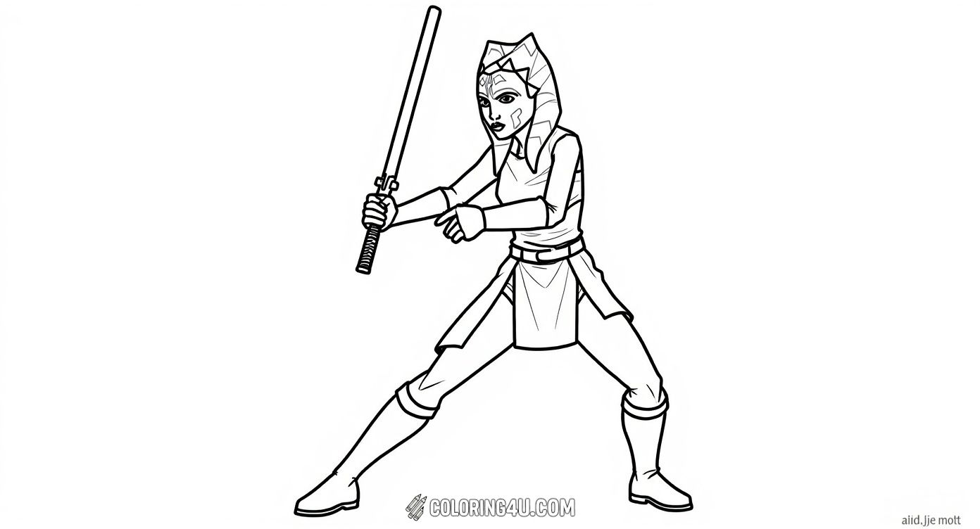 Get ready for action with this dynamic coloring page of Ahsoka Tano from Star Wars, poised in a battle-ready stance wielding a single lightsaber. Kids can enjoy coloring her detailed outfit and striking pose, imagining exciting adventures in a galaxy far, far away.