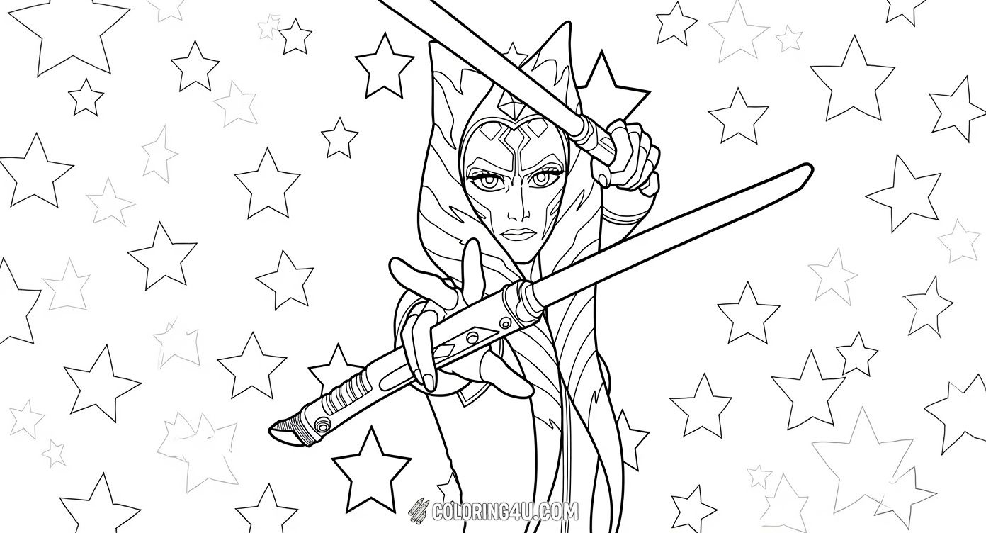 This exciting coloring page features Ahsoka Tano from Star Wars, holding her two lightsabers in a fierce pose. She stands ready for action with stars shining in the background, perfect for kids who love space adventures and strong heroes!