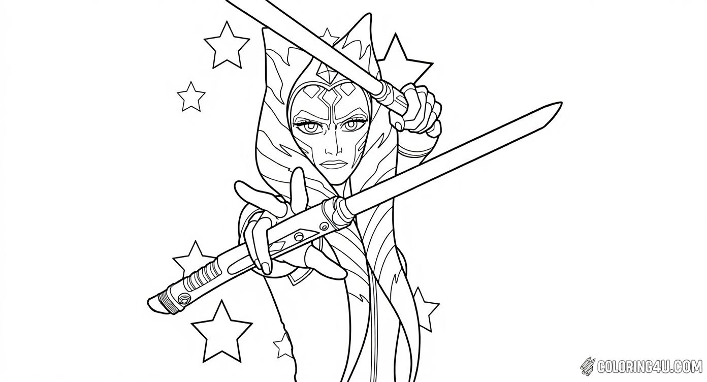 This exciting coloring page features Ahsoka Tano, a brave and skilled character from Star Wars, holding two glowing lightsabers. Kids will love adding vibrant colors to her dynamic pose surrounded by shining stars, bringing the adventurous spirit of the galaxy far, far away to life! 