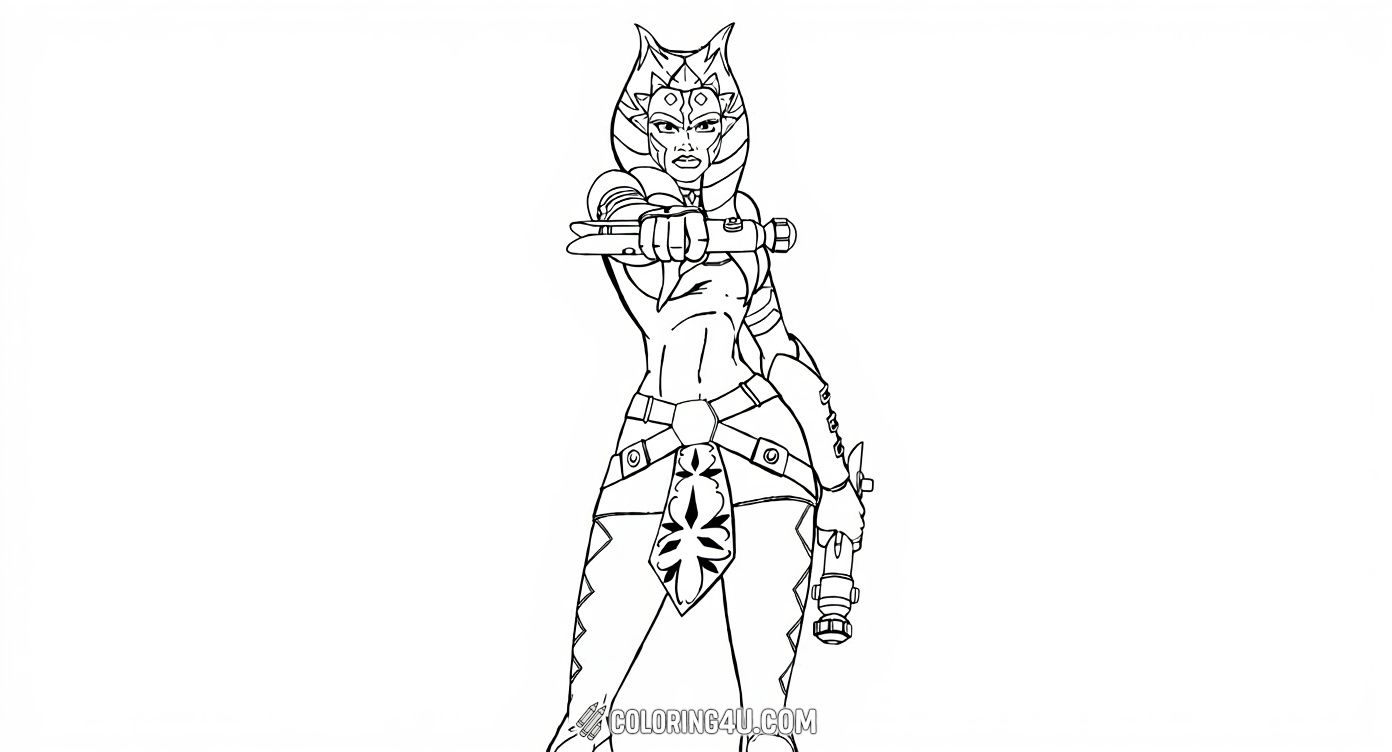 Join Ahsoka Tano as she stands heroically, ready for action in this cool coloring page. Kids can have fun coloring her detailed outfit and lightsabers, bringing out the bravery and strength of this beloved Star Wars character.