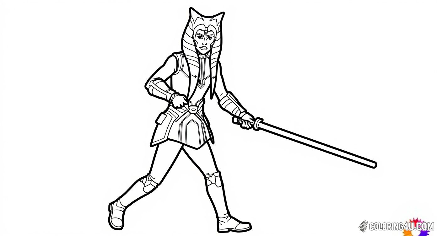 Get ready to color Ahsoka Tano as she confidently walks forward wielding her iconic dual lightsabers. This bold and inspiring image from Star Wars invites kids to imagine epic battles and thrilling adventures in the stars as they fill in her detailed outfit and futuristic background.