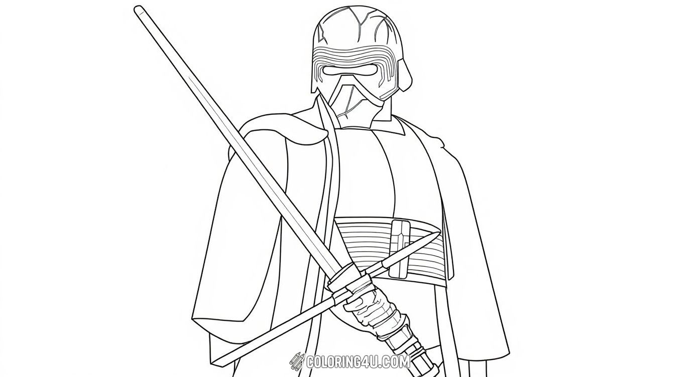 Meet Kylo Ren, the powerful warrior from Star Wars, holding his distinctive crossguard lightsaber. This coloring page invites kids to bring out the dark side by adding colors to Kylo Ren's helmet, cloak, and weapon, perfect for fans of Star Wars adventures.