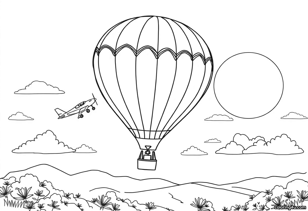 Hot Air Balloon And Airplane In Sunset