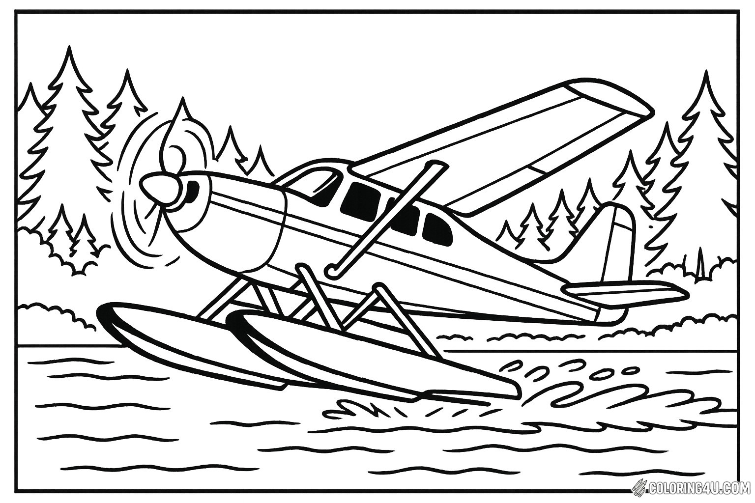 A vibrant seaplane is taking off from a serene lake, its pontoons creating splashes in the water. Tall evergreen trees frame the scene, adding a touch of nature's beauty. Kids can bring this adventurous moment to life with colors, imagining the thrill of flying above the sparkling lake and exploring the skies. Perfect for young aviation enthusiasts!