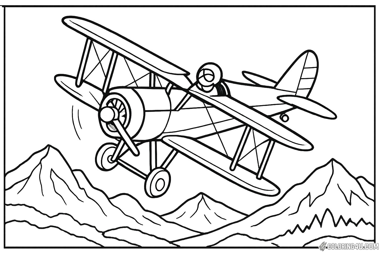 A vintage biplane soars gracefully above majestic mountains, its wings outstretched against the sky. The pilot, focused and adventurous, navigates the clouds, inviting young artists to bring this thrilling scene to life with vibrant colors. Perfect for kids who dream of flying and exploring the great outdoors, this coloring page sparks imagination and creativity.