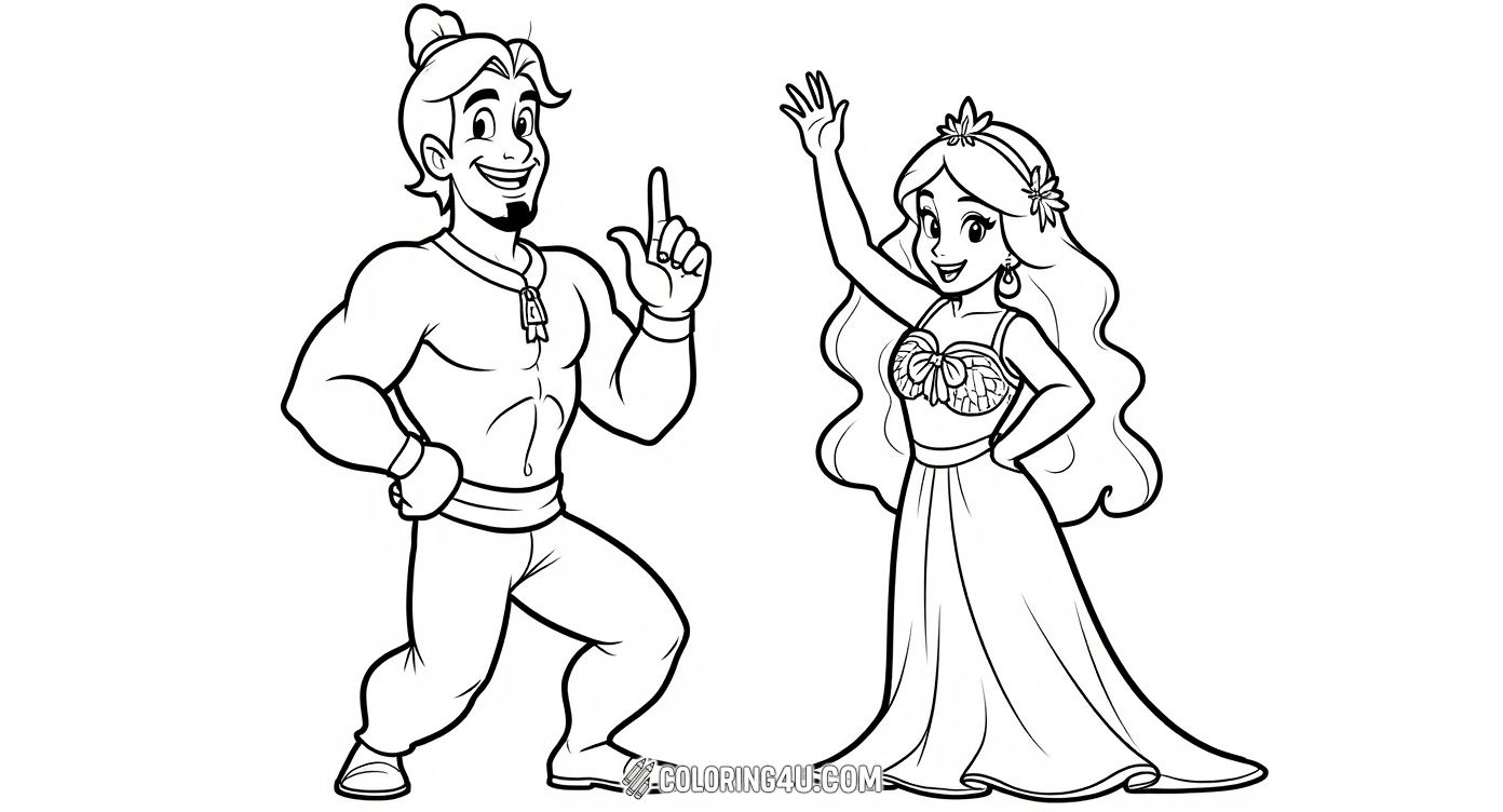 Bring some magic and fun to life with this delightful coloring page of Aladdin, Genie, and Princess Jasmine! Watch as Jasmine dances joyfully with flower leis, Genie floats happily, and Aladdin looks on with amazement. Perfect for kids to add vibrant colors and create a scene full of happiness and friendship.