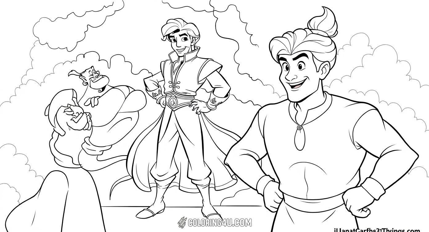 Join Aladdin, now a confident prince, and his magical friend Genie in this exciting coloring page! Kids can bring the enchanted characters to life with their favorite colors and imagine all the adventures they'll have together in this magical tale.