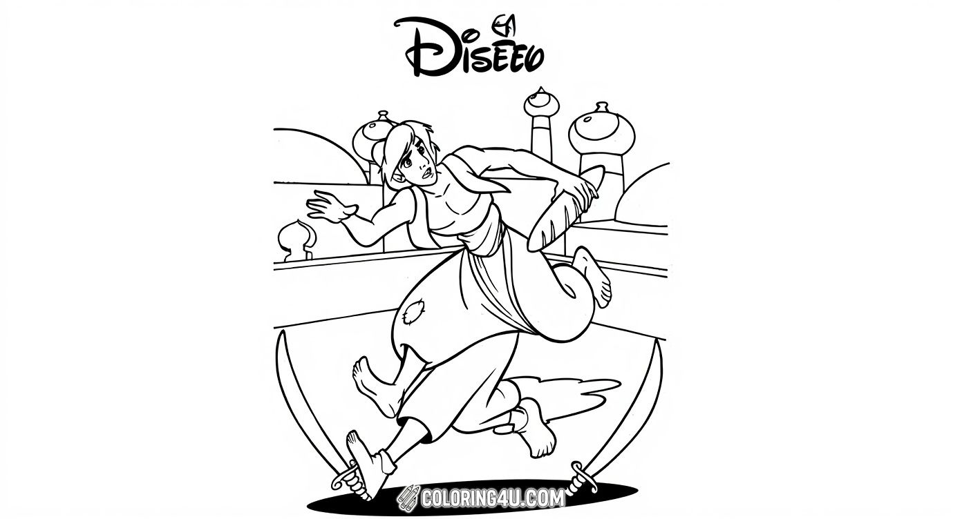 Dive into the story of Aladdin with this action-packed coloring page featuring the young hero running with a loaf of bread! Kids can enjoy coloring the bustling city background and Aladdin's determined expression as he embarks on his exciting journey.