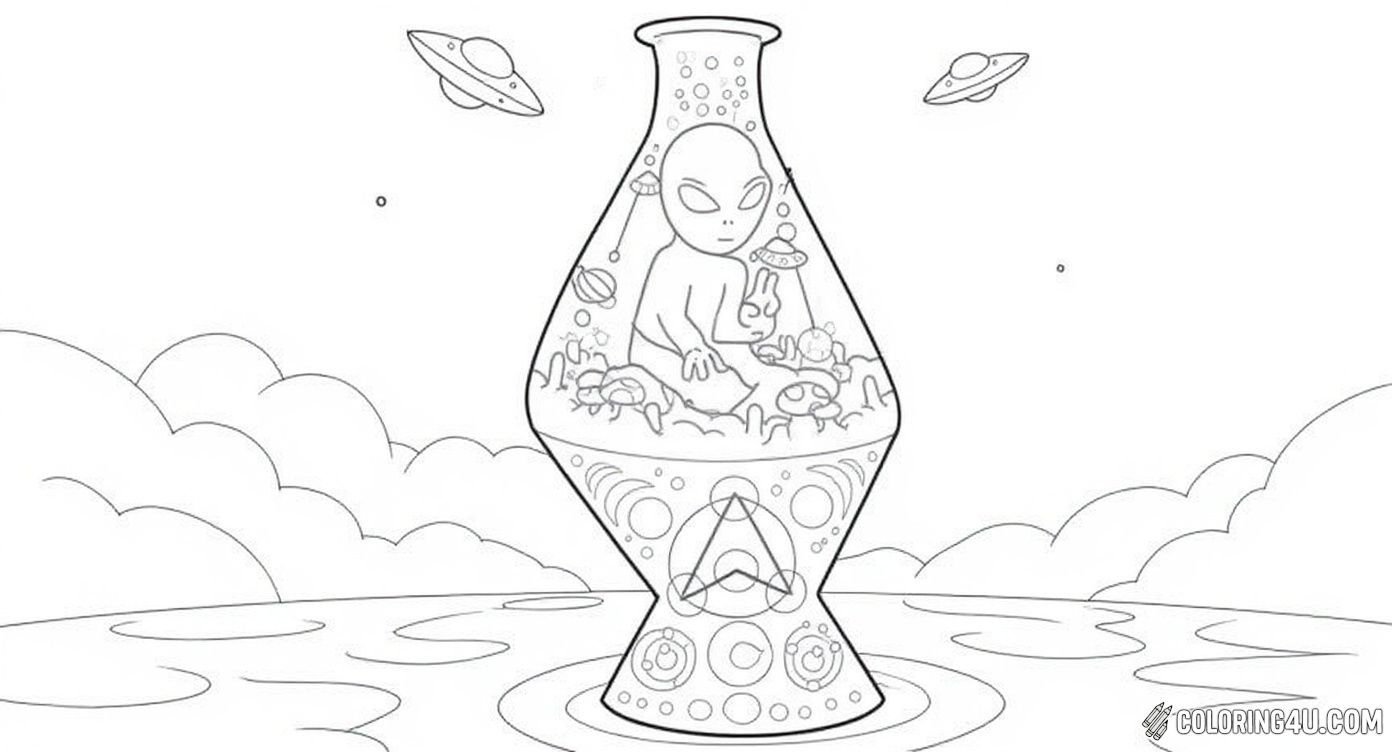 Alien Sitting In Lava Lamp With Spaceships