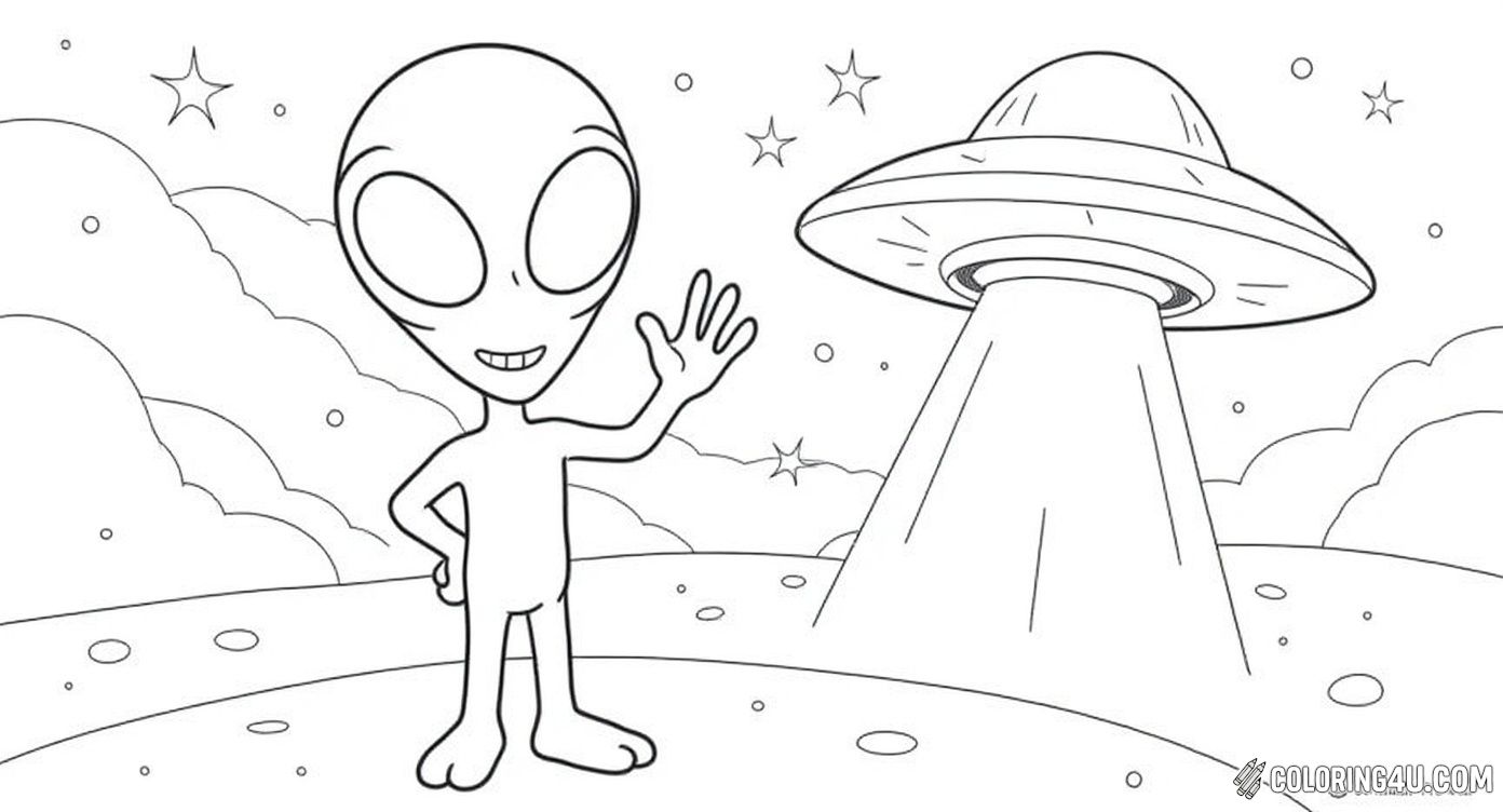 Friendly Alien Waving Near Ufo With Stars