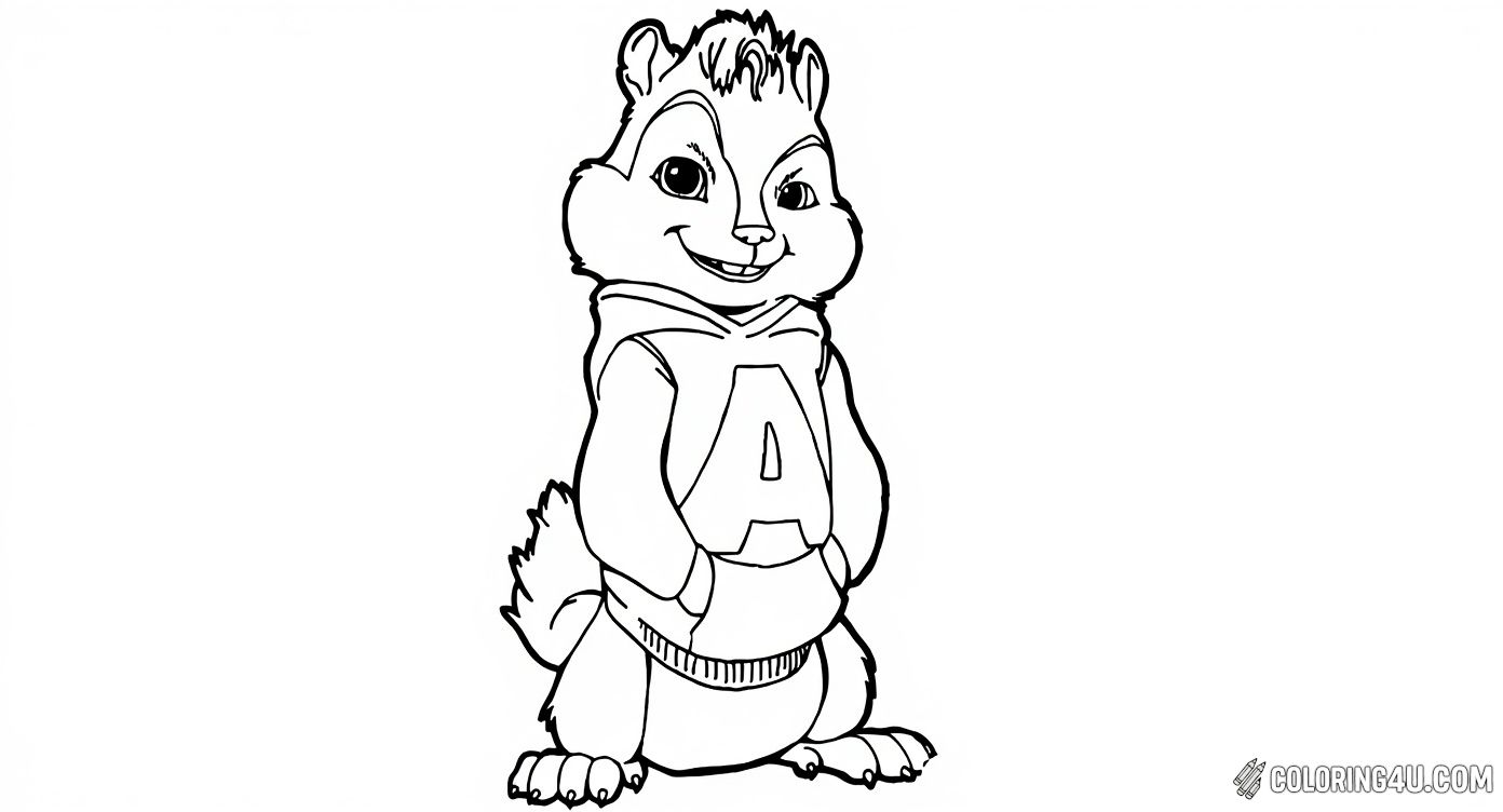 Get ready to color Alvin the Chipmunk once again, standing confidently in his cozy hoodie marked with a big 'A'. This charming image invites kids to enjoy a creative session while making Alvin look as colorful and lively as ever!