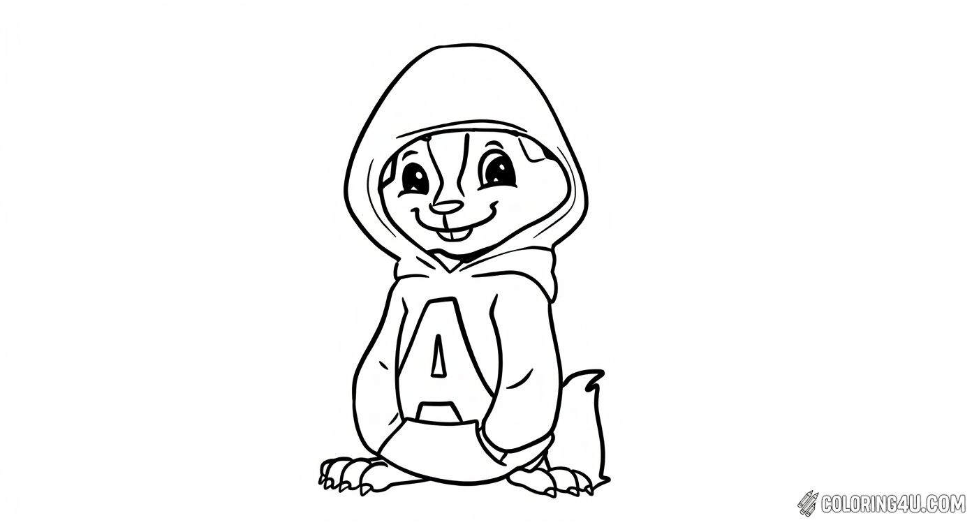 Join Alvin from Alvin and the Chipmunks in this adorable coloring page where he is wearing his signature hoodie with a bold letter 'A' on it. Surrounded by playful bubbles, this image invites kids to bring Alvin to life with their favorite colors and have fun with their creativity!
