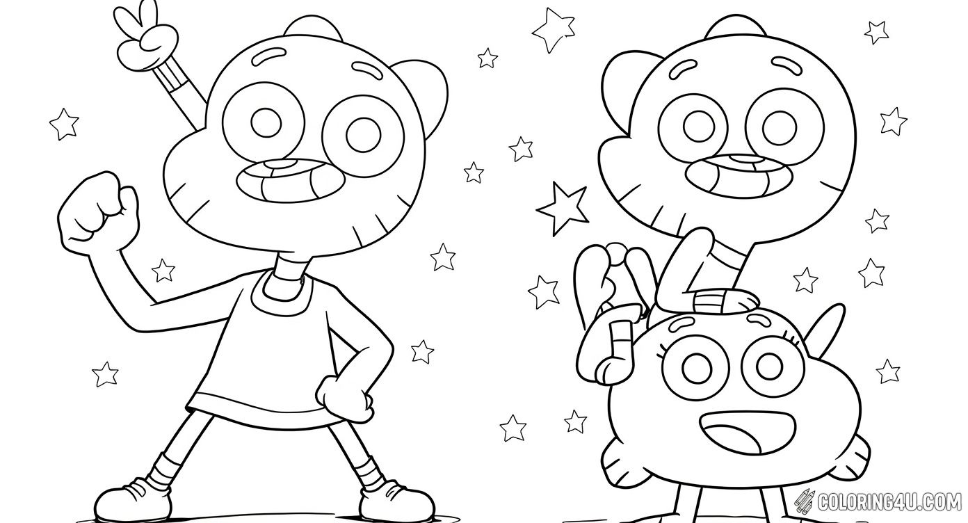 Get ready to color Gumball and Darwin in a playful and cheerful pose! This exciting coloring page captures their joyful expressions with stars twinkling around them. Kids can enjoy adding bright and vibrant colors to these lovable characters from the amazing world of Gumball.
