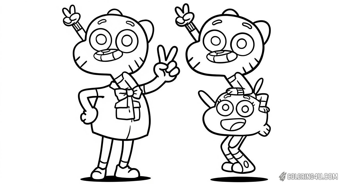Color the joyful Gumball and Darwin as they strike a cheerful pose surrounded by sparkling stars. This lively coloring page celebrates friendship and happiness from the amazing world of Gumball, perfect for young artists to enjoy!