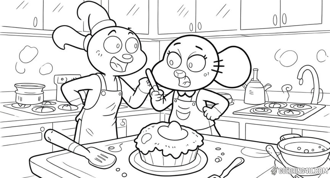 Dive into the messy and hilarious pie-baking chaos with Gumball, Darwin, and their friends! This fun-filled coloring page captures a kitchen explosion moment from the amazing world of Gumball, ready for kids to color and imagine the silly story.