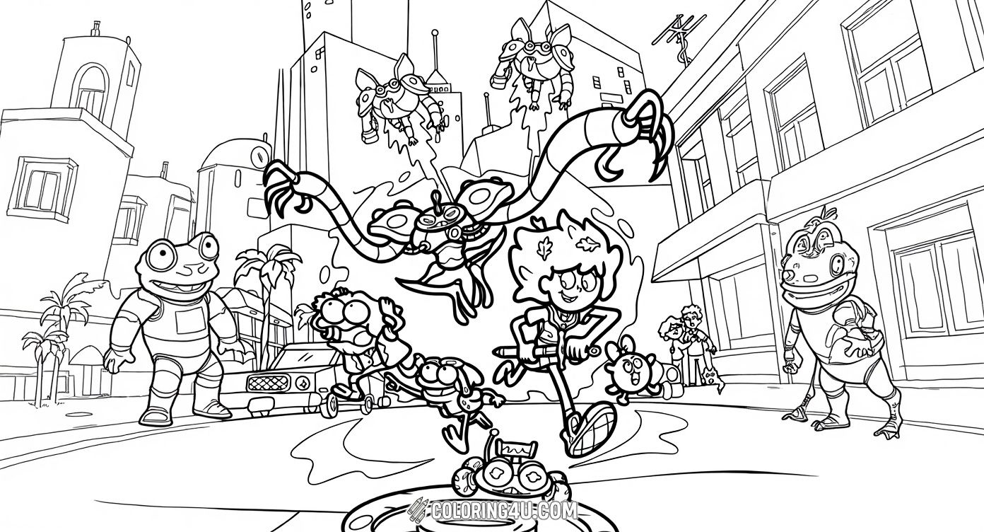 Experience thrilling action with this dynamic Amphibia coloring page, showing the brave frog characters running through a bustling city while avoiding high-tech robot enemies. Kids will love adding color to this exciting chase scene filled with energy, movement, and futuristic elements.