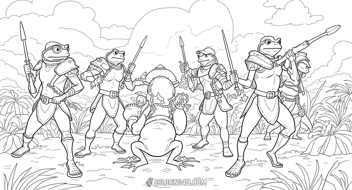 Dive into an adventurous coloring page featuring the courageous characters from Amphibia as they bravely face challenges under a glowing moon. Join the heroic frogs and their friends in this exciting battle scene filled with swords, crossbows, and fantastic creatures ready for kids to bring to life with colors.