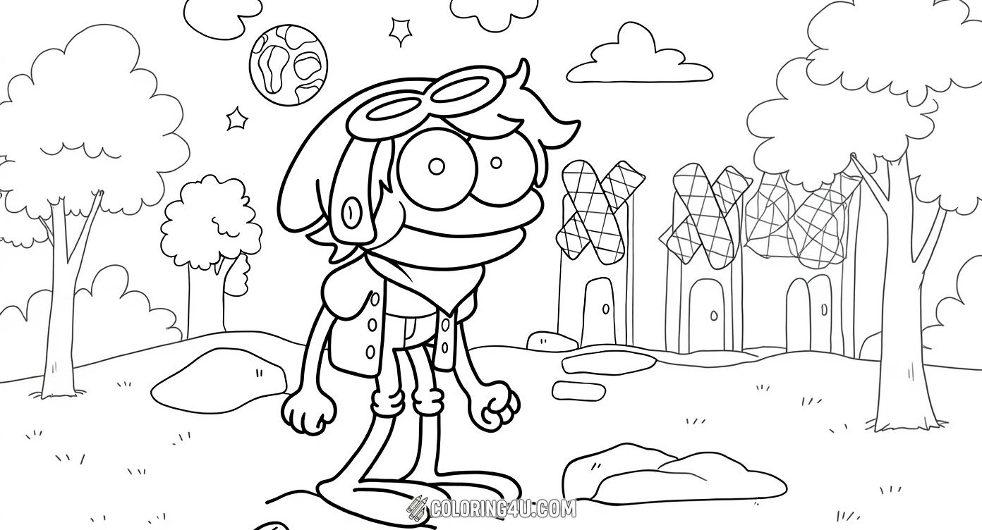 Meet the main character from Amphibia in this charming coloring page! Standing confidently with a backdrop of a windmill and peaceful nature, this delightful scene invites kids to explore the magical world of Amphibia by adding their favorite colors to this adventurous frog character.