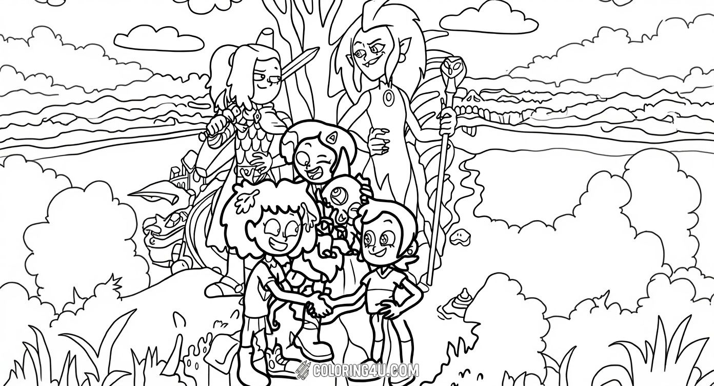 Discover Anne Boonchuy making new friends and joining forces with different characters in Amphibia. This coloring page is full of smiles and teamwork, perfect for kids who love adventure and friendship in a magical world!