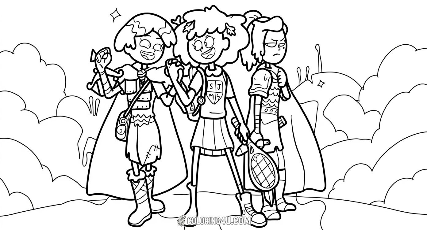 Color Anne Boonchuy and her brave friends as they get ready for an important mission in Amphibia. With their courageous expressions and strong friendship, this exciting page encourages kids to bring the characters to life with their favorite colors!