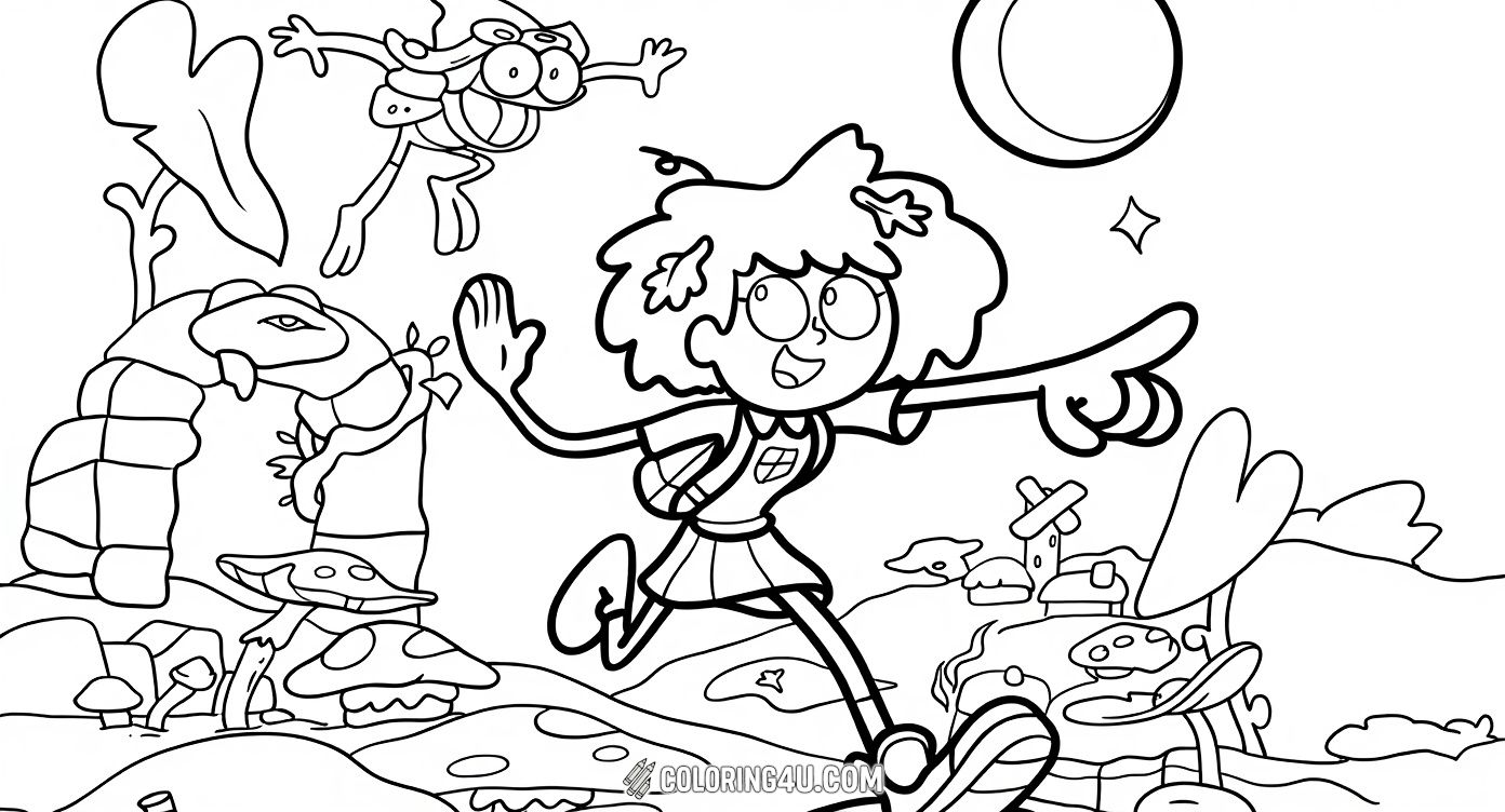 Join Anne Boonchuy and her frog friend Sprig as they explore a magical world full of giant mushrooms and mysterious creatures. This fun and lively scene invites kids to color their exciting adventure in the whimsical land of Amphibia!