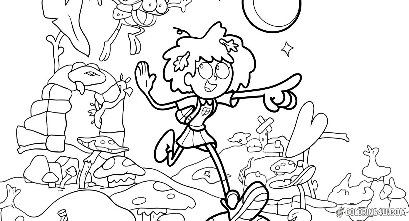 Join Anne Boonchuy from Amphibia as she leaps joyfully on a giant mushroom in a magical forest filled with whimsical plants and friendly creatures. This fun and lively scene invites kids to bring vibrant colors to the adventurous world of Amphibia!