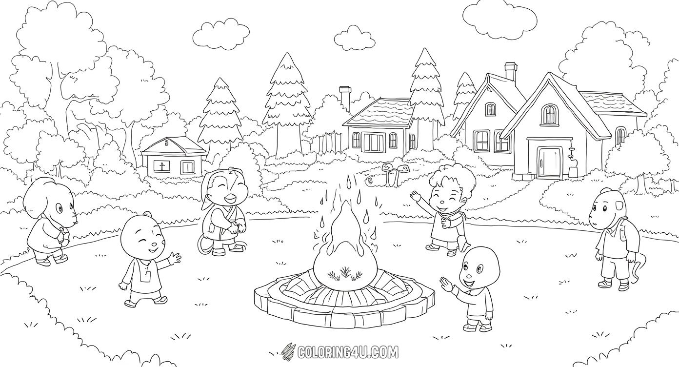 Dive into a detailed village adventure from Animal Crossing with many characters enjoying a lively campfire and other outdoor activities. Kids can color this lively scene full of friendly neighbors, nature, and fun, encouraging imagination and storytelling as they bring each character and part of the village to colorful life.