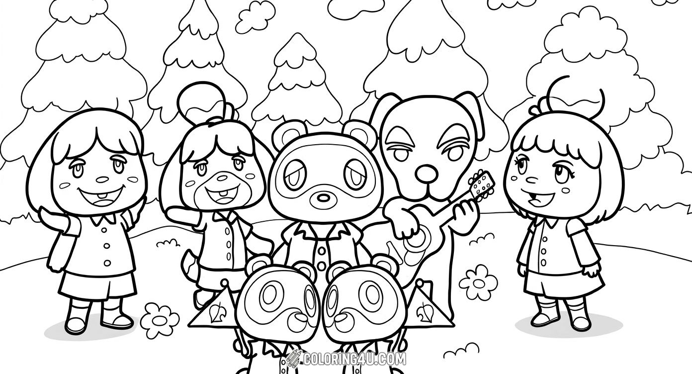 Enjoy coloring a delightful group scene featuring beloved Animal Crossing characters including Isabelle, Tom Nook, K.K. Slider, and the twin raccoon characters Timmy and Tommy. Surrounded by flowers and trees, this page is perfect for kids to explore their creativity and bring their favorite friends to life.
