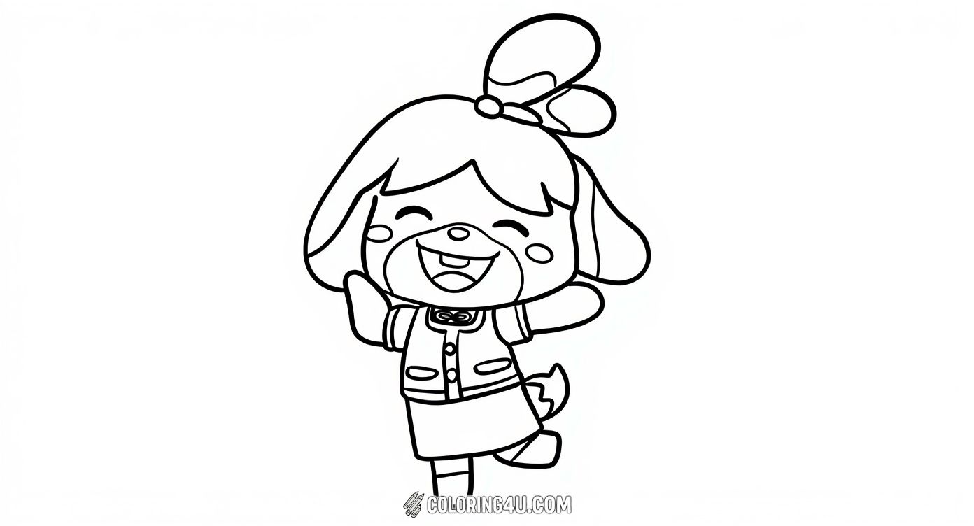 Join Isabelle, the cheerful and friendly character from Animal Crossing, as she does a joyful dance! This fun coloring page invites kids to add vibrant colors to Isabelle's outfit and bring her happiness to life in your own special way.