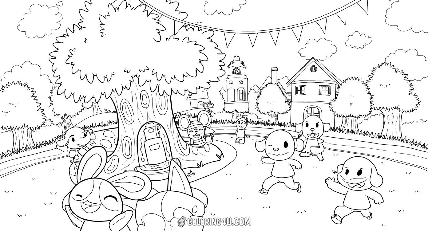 Join the fun in this lively Animal Crossing village scene where adorable characters race and celebrate together near a big tree with cozy homes in the background. Young artists will enjoy adding color to this exciting moment full of smiles, movement, and community spirit.