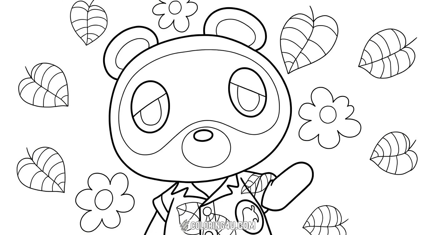 Here is a charming close-up coloring page of Tom Nook, one of Animal Crossing's most beloved characters, wearing his iconic leaf-patterned shirt. Surrounded by flowers and leaves, this page invites kids to add vibrant hues to Tom Nook and the nature-inspired background, perfect for fans of the game.