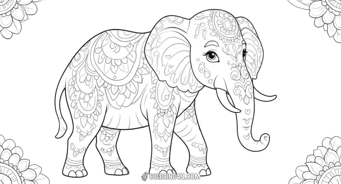 Enjoy coloring this charming elephant featuring beautiful mandala details on its face, ears, and legs. Perfect for kids who love animals and patterns, this page encourages creativity and offers a calming, artistic experience.