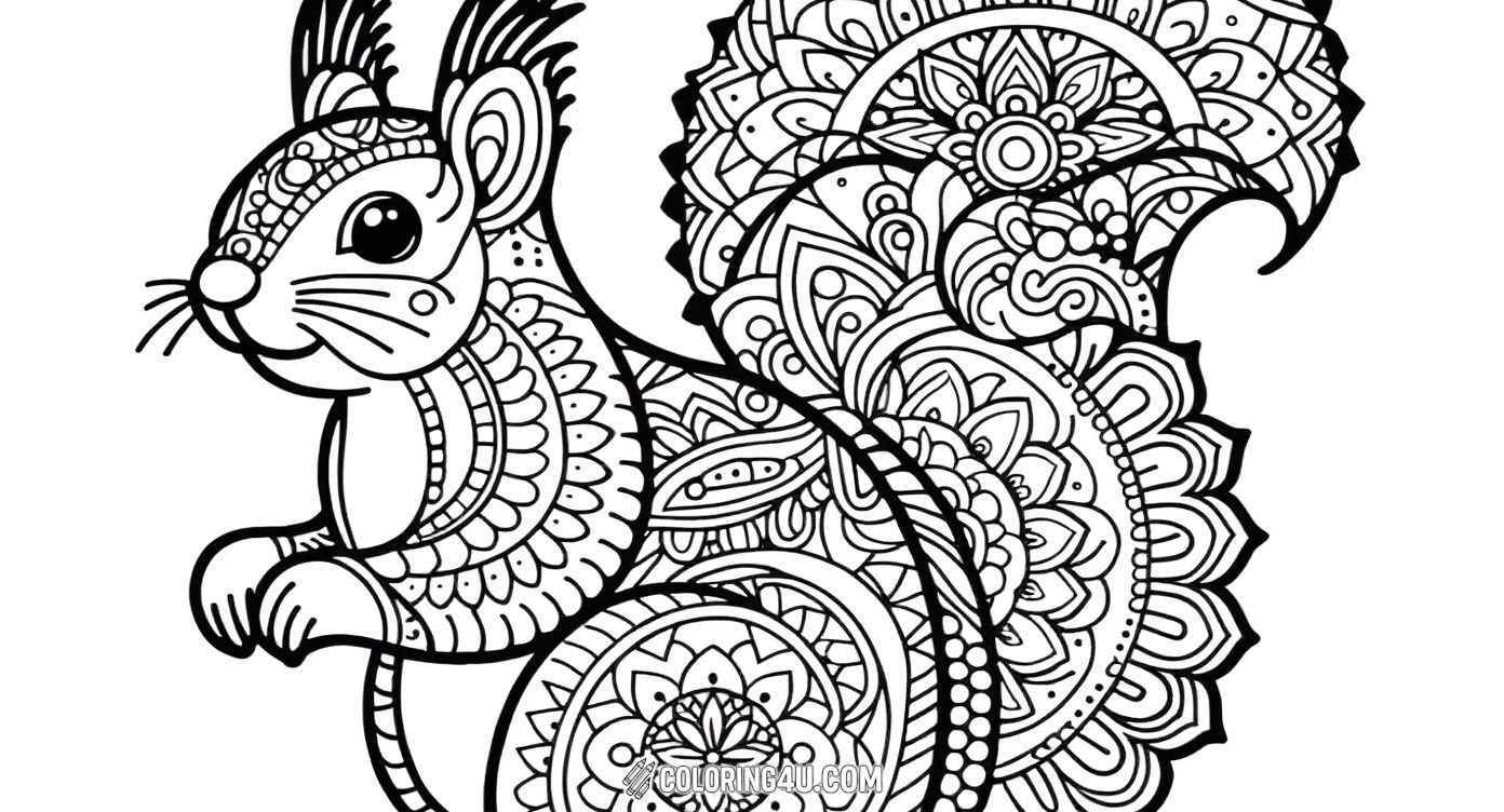 Discover this delightful squirrel coloring page filled with intricate mandala patterns. Kids will enjoy bringing this lively little squirrel to life with colors, exploring the detailed designs on its fur and tail that spark creativity and focus.