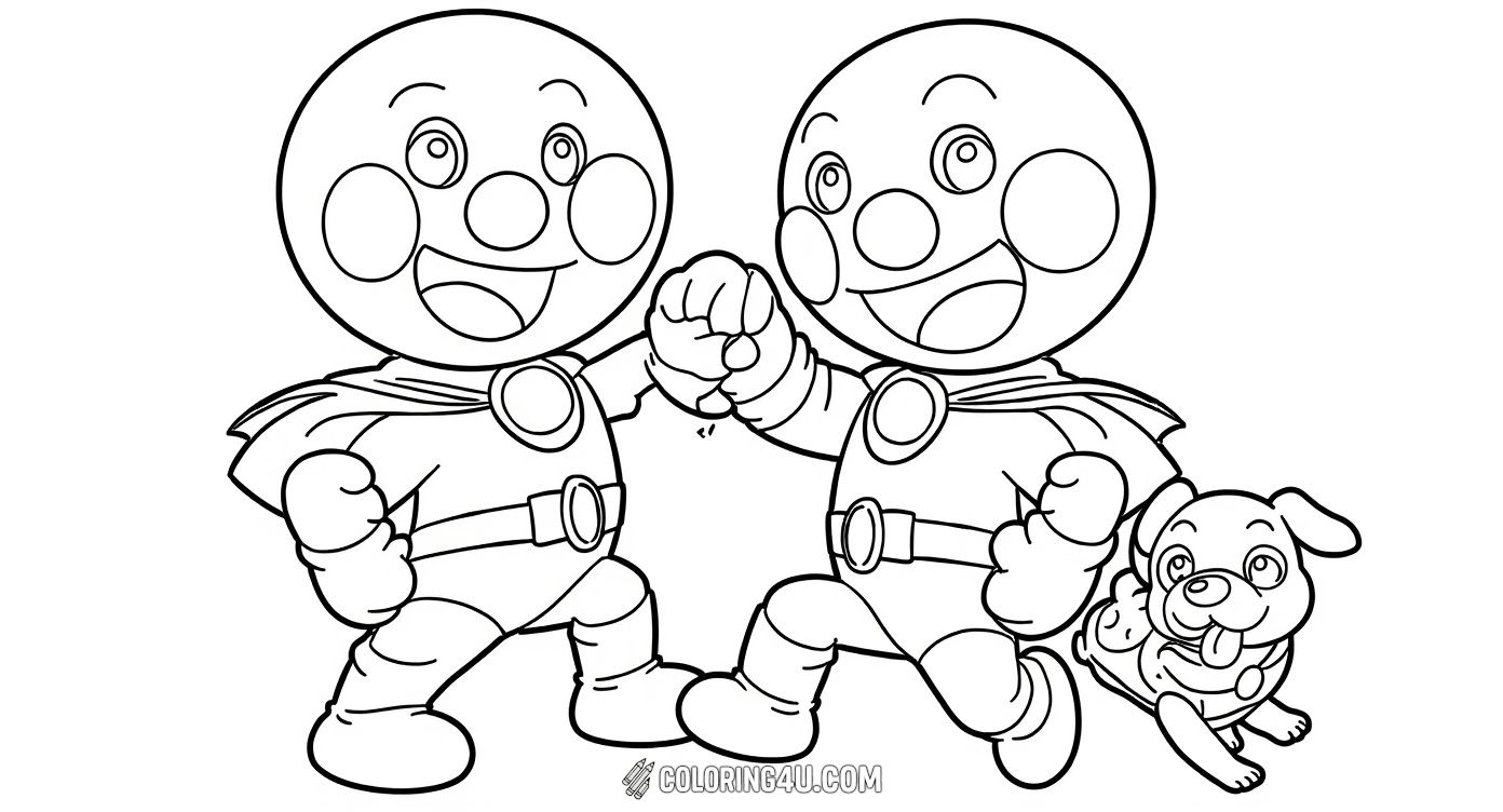 Join Anpanman and his playful dog friend Cheese in this fun coloring page where the two are happily running side by side. Kids will love adding vibrant colors to Anpanman's superhero outfit and Cheese's wagging tail, making this adorable duo come alive.